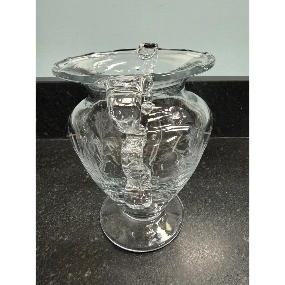 Vintage Bohemian Czech Hand Blown Etched Crystal Vase Urn 4 Handles 6.5